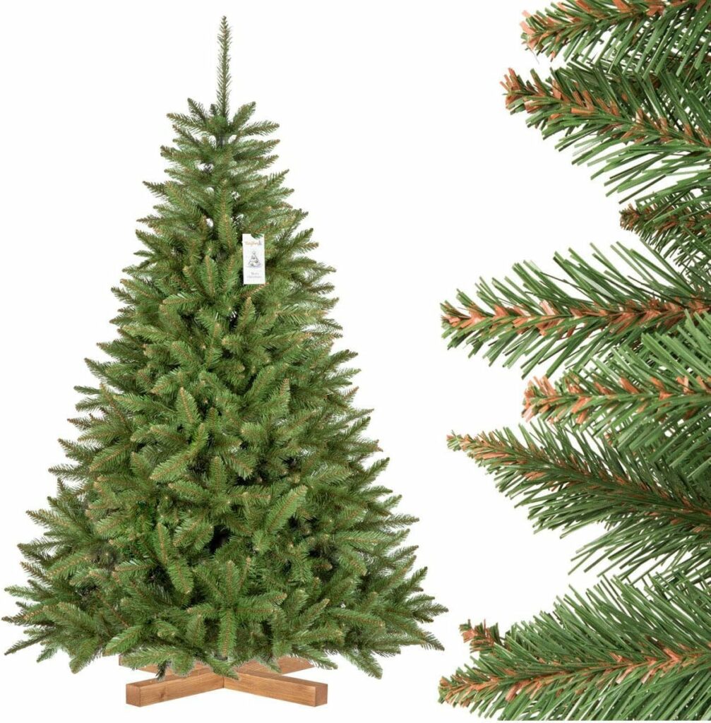 FairyTrees Sapin de Noël Artificiel 180cm ÉPICÉA Naturel Arbre de Noël avec support en Bois