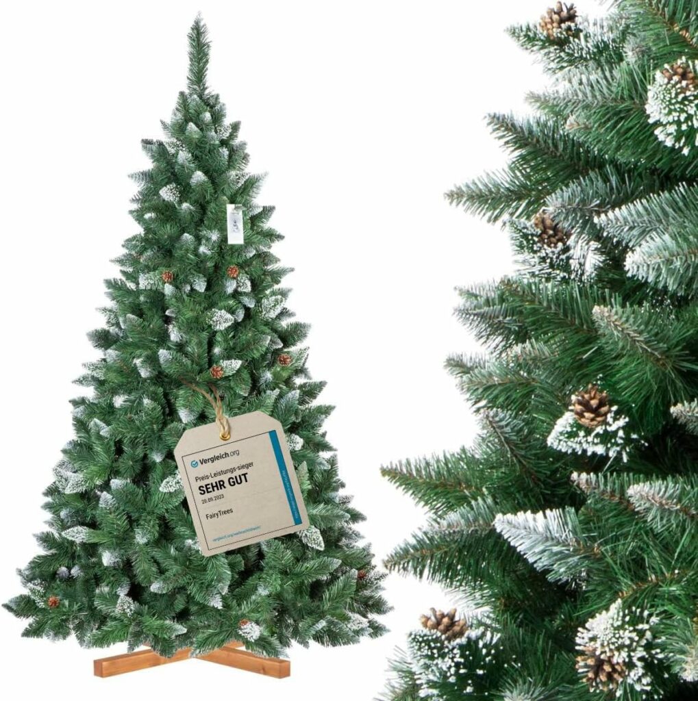 FairyTrees Sapin de Noël Artificiel 220cm Arbre de Noël avec support en Bois PIN ENNEIGÉ Blanc Naturel