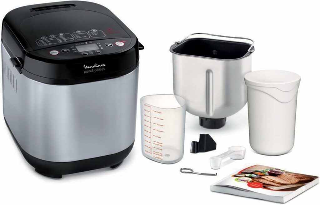 Moulinex Pain et Delices Machine à pain 1Kg 720W 20 programmes automatiques Programme sans gluten Programme yaourt Pain maison Pizza Pâte Confiture Porridge Yaourt Fromage frais Noir Inox