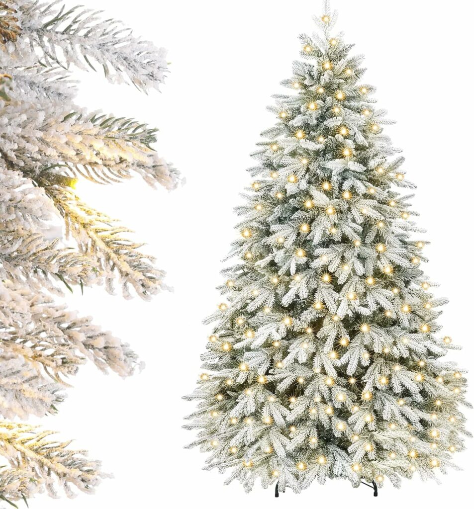 Yorbay Sapin de Noël Artificiel Lumineux LED avec Neige Blanche épaisse, Épicéa Naturel Floqué 150cm - 210cm