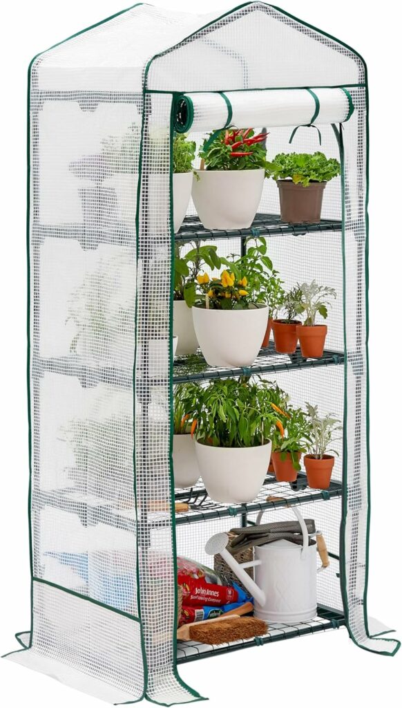 BRAMBLE Serre de Jardin pour Balcon, Intérieur & Extérieur avec 4 Étagères (10kg Poids Max par Étagère), Châssis en Acier & Bâche en PVC Renforcée Résistante - Solide & Facile à Monter - 160x69x49cm