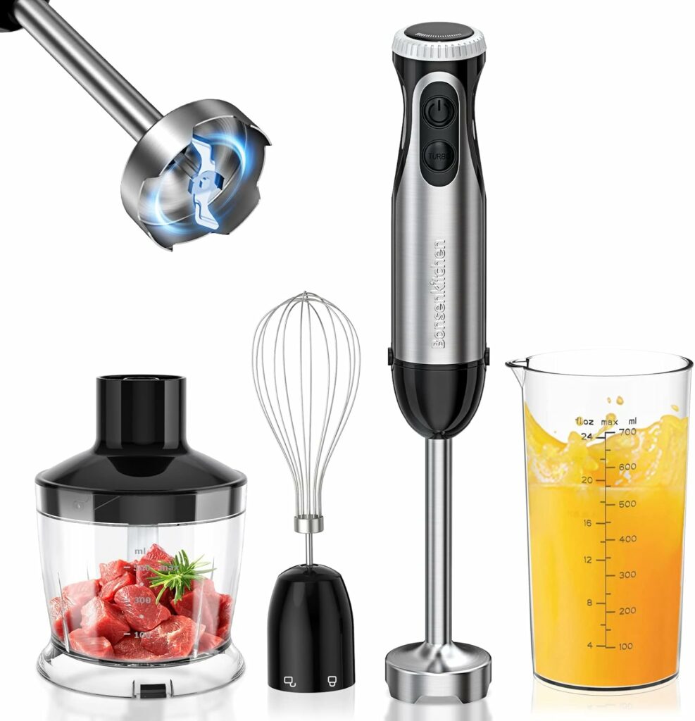 Bonsenkitchen Mixeur Plongeant, 4-en-1 Mixeur Plongeur Multifonction 1000W, 20 Vitesse Réglable, avec Fouet, Hachoir de 500ml et Verre Doseur 700 ml, Robot de Cuisine (HB3203)