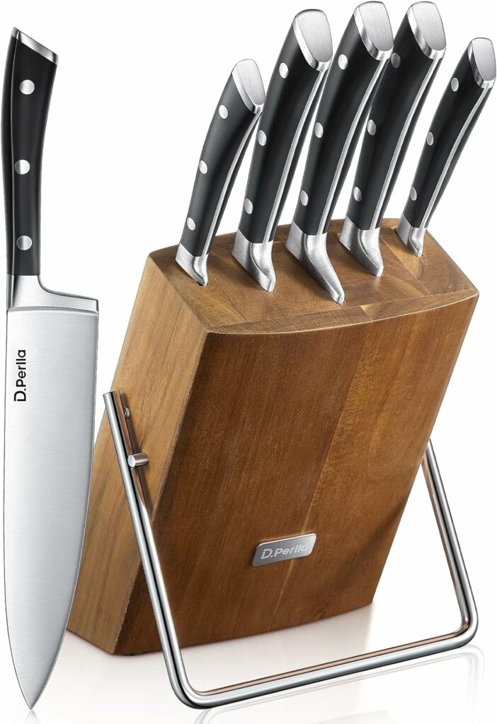 D.Perlla Couteaux de Cuisine, 6 Pièces Set Couteau Cuisine en Allemagne Acier Inoxydable, Ensemble de Couteaux Professionnels, Bloc de Bois, Super Aiguisé