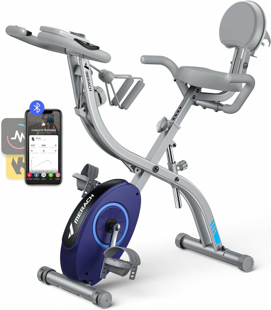 MERACH 4 en 1 Vélo D’Appartement Pliable, Velo d Appartement avec Moniteur LCD et Mesure du Pouls Manuel, Vélos de Fitness Magnétique Avec Coussin de Siège Confortable, Pour la Maison, Peu Encombrant