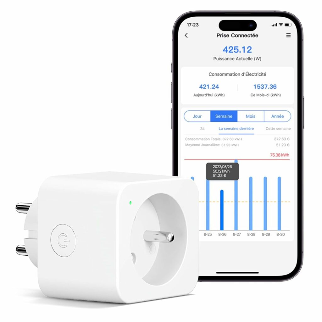Meross Prise Connectée (Type E), 16A Prise WiFi Compatible avec Alexa et Google Home, Prise Consommation Électrique Intelligente avec Commande Vocale, Contrôle à Distance et Configuration Bluetooth