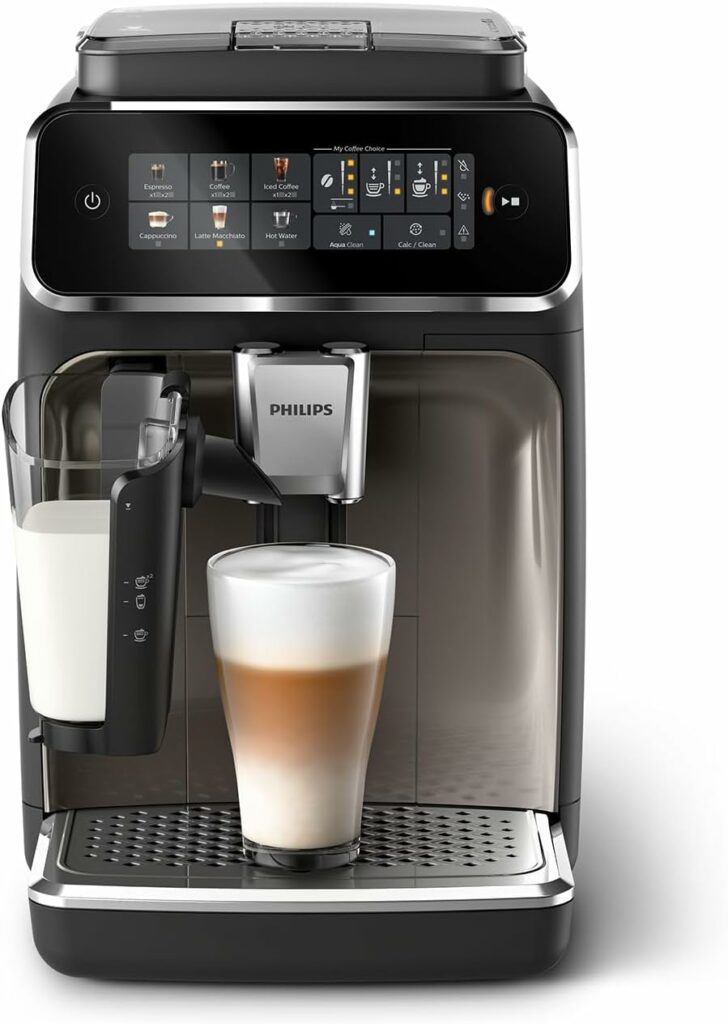 Philips Machine à Expresso Entièrement Automatique Séries 3300-6 Boissons,Écran tactile couleur moderne,Système à lait LatteGo,SilentBrew,Broyeur 100%Céramique,Filtre AquaClean.Noir Chrome