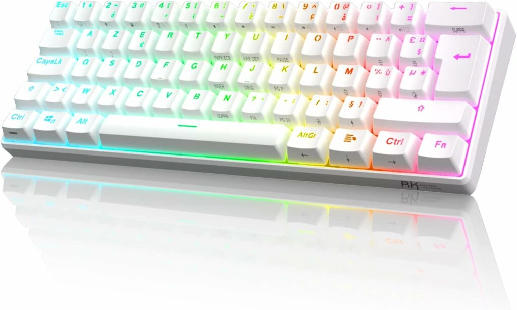 RK ROYAL KLUDGE RK61 Clavier sans Fil, AZERTY 60% Clavier Gaming Mecanique, Rétroéclairage RGB par Touche Personnalisable, Touches à Double Injection Interrupteur Rouge échangeable à Chaud, Blanc