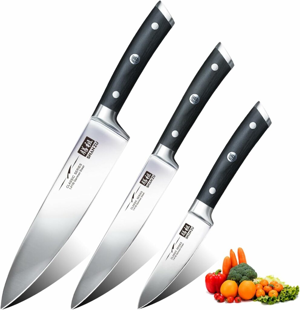 SHAN ZU Set Couteau Cuisine Ensemble de 3 Couteaux de Chef en Acier Inoxydable Allemand, Comprenant Couteau de Chef, Couteau Universel, Couteau d'Office, Couteau à Légumes et à Fruits, Manche en Bois