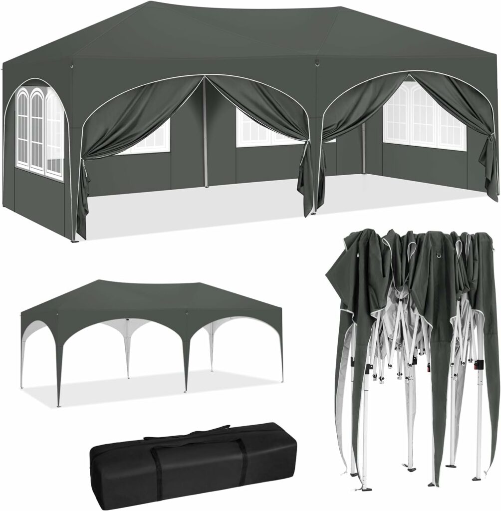WOLTU Tonnelle de Jardin, Pergola, Barnum, Tonnelle Pliante 3x6m avec 6 Parois Latérales, Gazebo, Hauteur Réglable, Imperméable, Protection de UV, avec Sac de Transport,Gris