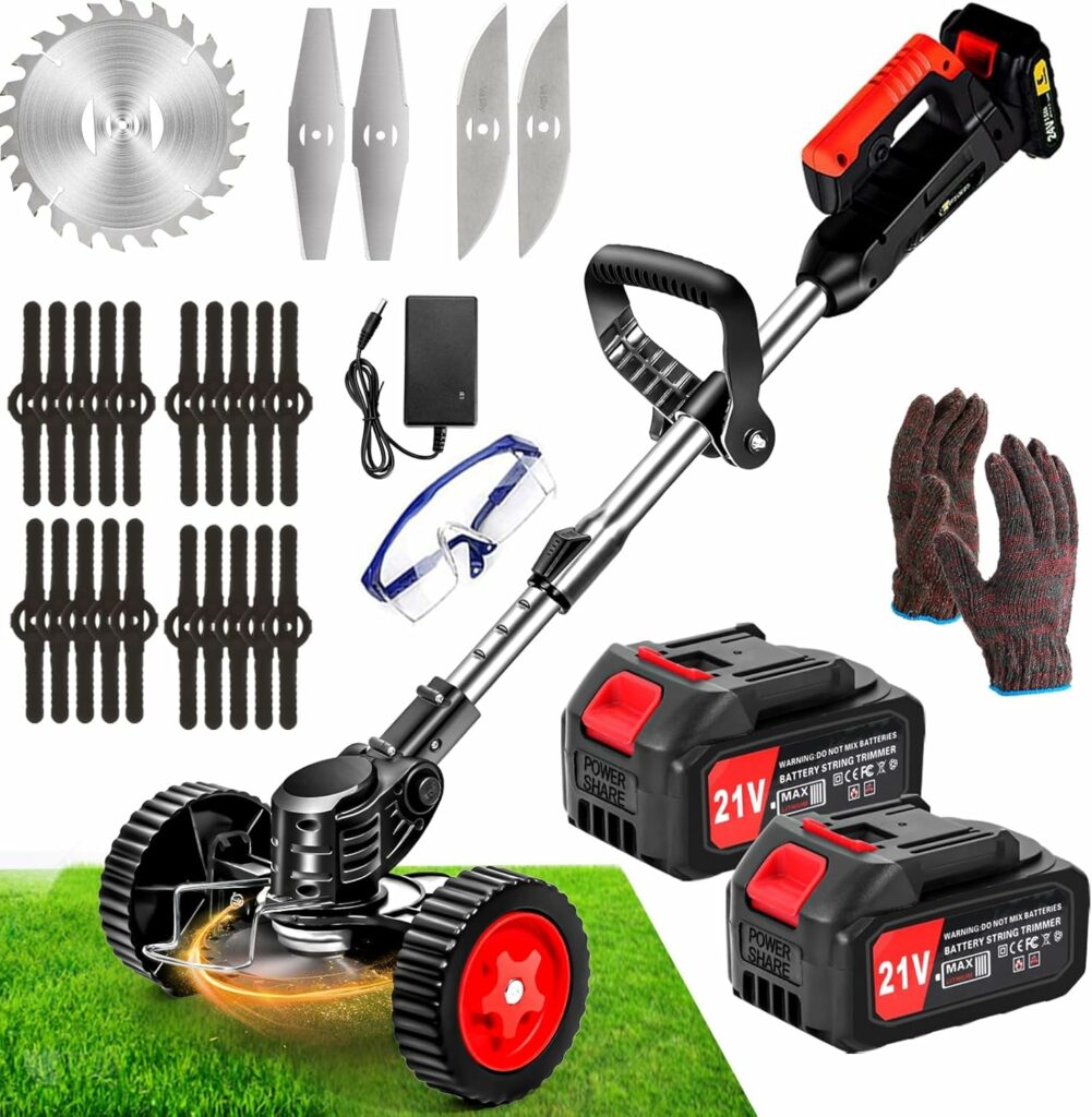 ZJS Débroussailleuse à Batterie Electrique 21V 4.0AH Coupe Bordure sans Fil avec Batterie & Trois Types De Lames Poignée Télescopique à Faible Bruit Taille Bordure Convient pour Jardin, Pelouse, Ferme