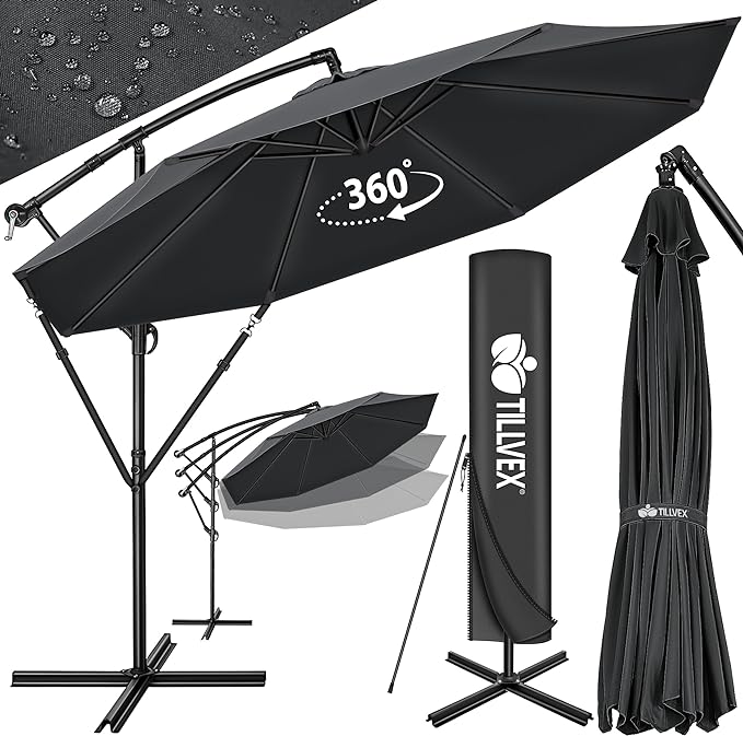 tillvex Parasol déporté hexagonale 3M avec manivelle Pare-soleil avec pied Protection UV en aluminium pour le jardin Parasol à manivelle pour le marché déperlant