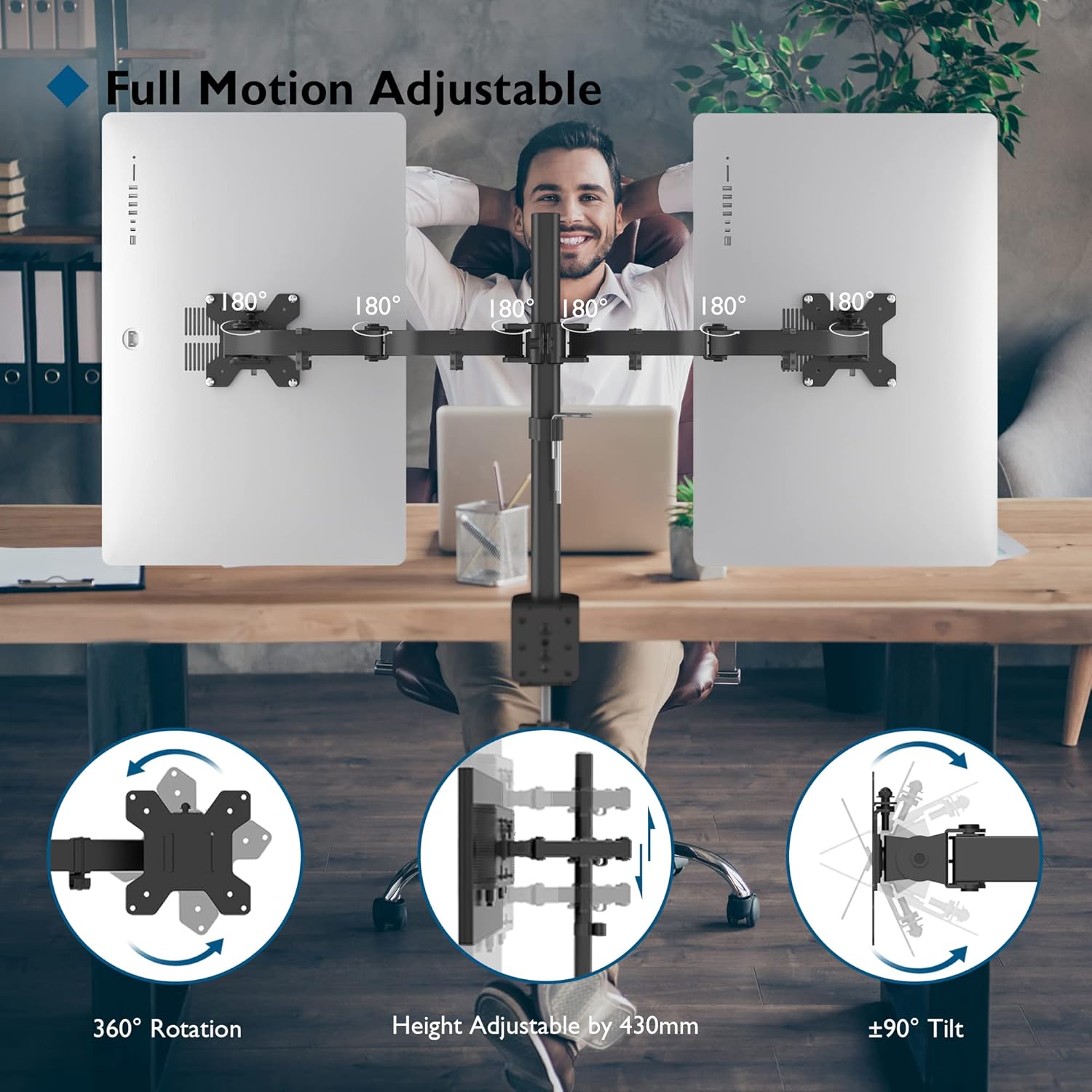 Double écran 27″ sans contraintes - mon bras articulé VESA silencieux et réglable